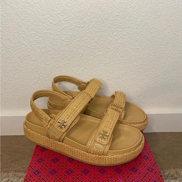 Tori Burch Tan Platform Raffia Sandals with Adjustable Straps - Picture 3 of 4